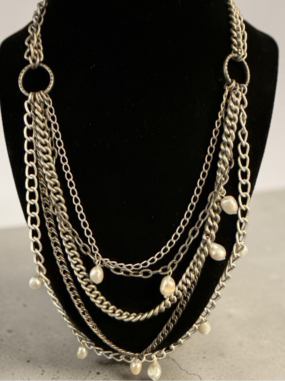 ✨ Stella & Dot Vintage Multi-Strand Silver Freshwater Baroque Pearl Necklace 18”